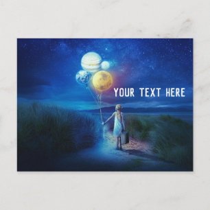Little Girl Holding Planet Balloons Postkarte