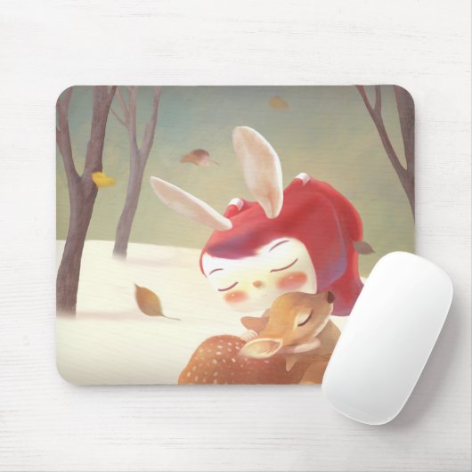 Little Girl Hugging Deer Mousepad (Mit Mouse)
