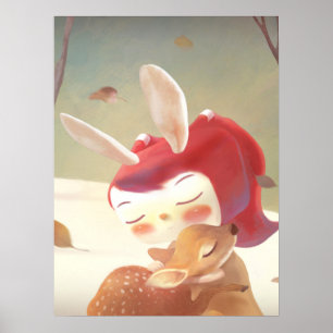 Little Girl Hugging Deer Poster
