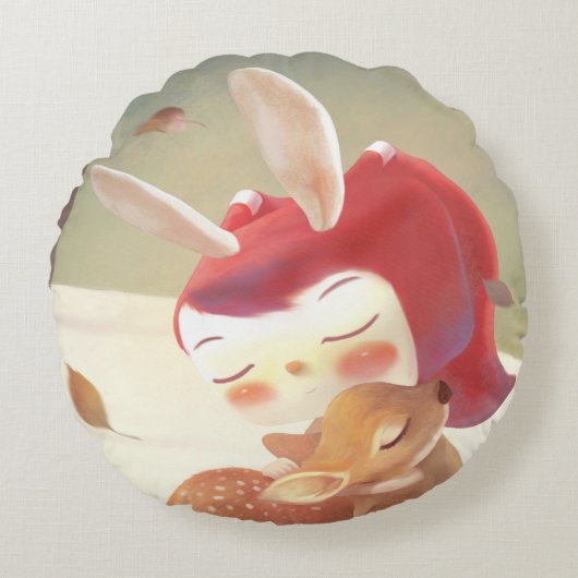 Little Girl Hugging Deer Rundes Kissen (Vorderseite)