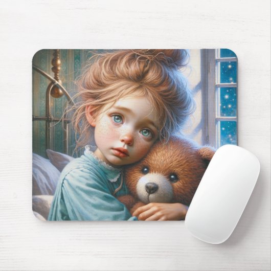 Little Girl Hugging Teddy Bear Mousepad (Mit Mouse)