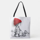 Little Girl In 3-D Red Hat Walking Her Dog Tasche (Vorderseite)