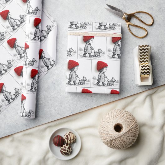 Little Girl In Red Hat Walking Her Dog Geschenkpapier (Kunsthandwerk)