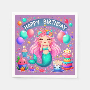 Little Girl Mermaid Birthday Party Napkins Serviette