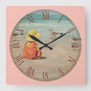 Little Girl on Beach Fine Art Roman Numeral Quadratische Wanduhr