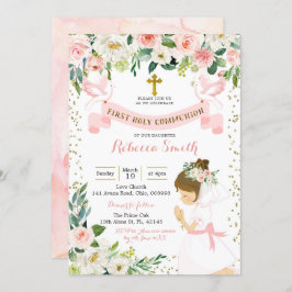 Little Girl Praying Floral First Heilige Kommunion Einladung