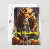 Little Girl Pumpkin Goblin Dinosaur Feiertagskarte (Vorne/Hinten)