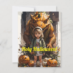 Little Girl Pumpkin Goblin Dinosaur Feiertagskarte