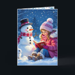Little Girl Reading a Story to a Snowman Christmas Feiertagskarte<br><div class="desc">Eine niedliche personalisierte Weihnachtskarte. Ein niedliches kleines Mädchen in einem rosa Mantel und Winterhut,  das einem Schneemann und einem sonnigen Kaninchen ein Geschichtenbuch vorliest. Eine hübsche Aquarellbilder mit coolem Winterflair. Die Innenseite der Karte enthält eine benutzerdefinierte Meldung,  die Sie bearbeiten können.</div>