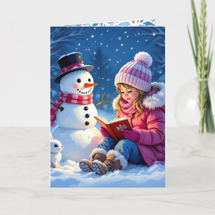 Little Girl Reading a Story to a Snowman Christmas Feiertagskarte