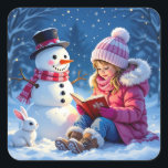Little Girl Reading a Story to a Snowman Christmas Quadratischer Aufkleber<br><div class="desc">Ein niedlicher Weihnachtsaufkleber. Ein niedliches kleines Mädchen in einem rosa Mantel und Winterhut,  das einem Schneemann und einem sonnigen Kaninchen ein Geschichtenbuch vorliest. Eine hübsche Aquarellbilder mit coolem Winterflair.</div>