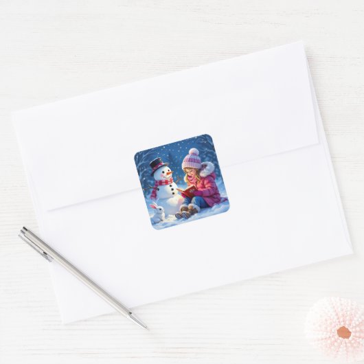 Little Girl Reading a Story to a Snowman Christmas Quadratischer Aufkleber (Umschlag)