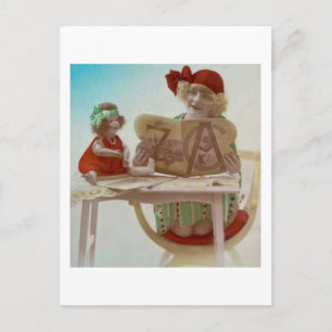 Little Girl Reading to Her Dollie - Vintage Karte