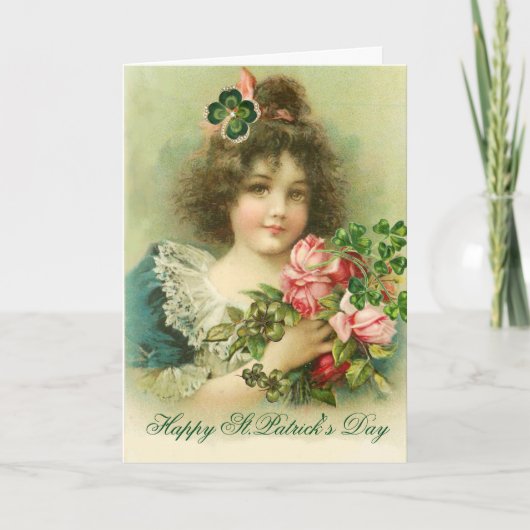 Little Girl Rose und Kleeblatts St.Patrick's Day Karte (Vorderseite)