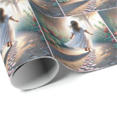 Little Girl Running On a Pink Heart Path Geschenkpapier (Rolleneckpunkt)