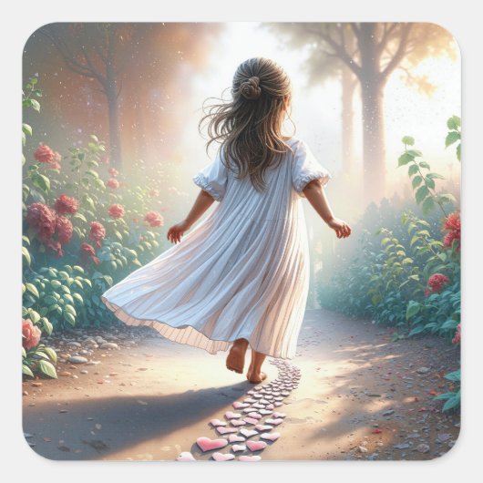 Little Girl Running On a Pink Heart Path Quadratischer Aufkleber (Vorderseite)