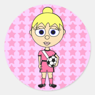 Little Girl Soccer Star Pink Blond Hair Runder Aufkleber