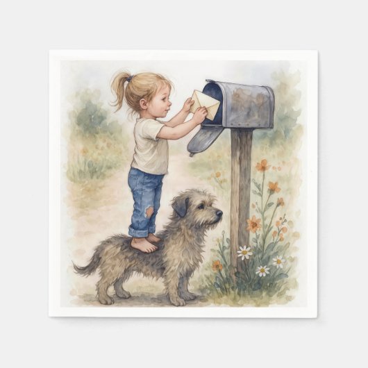 Little Girl Standing On a Dog To Mail a Letter Serviette (Vorderseite)