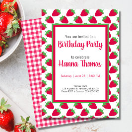 Little Girl Strawberry Muster Green Pink Geburtsta Einladung