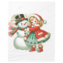 Little Girl umarmt ihren Schneemann