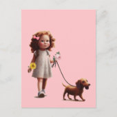 Little Girl Walking Dackel Postkarte (Vorderseite)