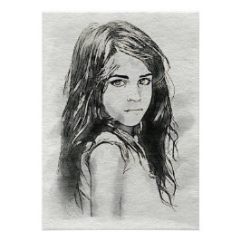 Little Girl Watercolor Portrait | Schwarz und Weiß Fotodruck