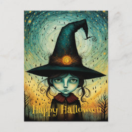 Little Girl Witch Hat Halloween Postkarte