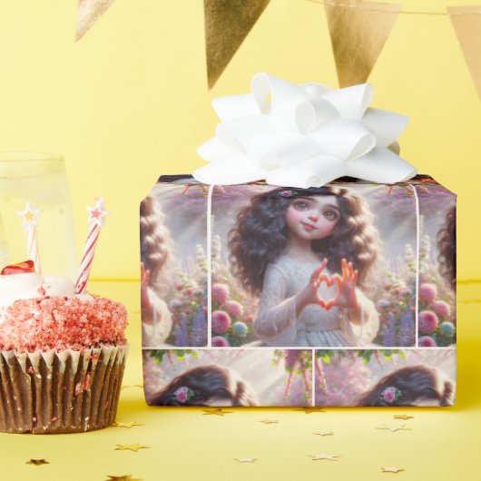 Little Girl with Fingers Forming a Heart Geschenkpapier (Geburtstagsparty)