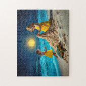 Little girls and a sea turtle building sandcastles puzzle (Vertikal)