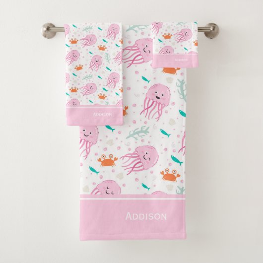 Little Girls Pink Ocean Qualle und Crab Pattern Badhandtuch Set (Insitu)