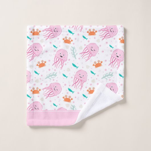 Little Girls Pink Ocean Qualle und Crab Pattern Badhandtuch Set (Waschlappen)