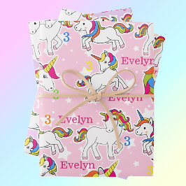 Little Girl's Unicorn Geburtsname & Alter 3 Geschenkpapier Set