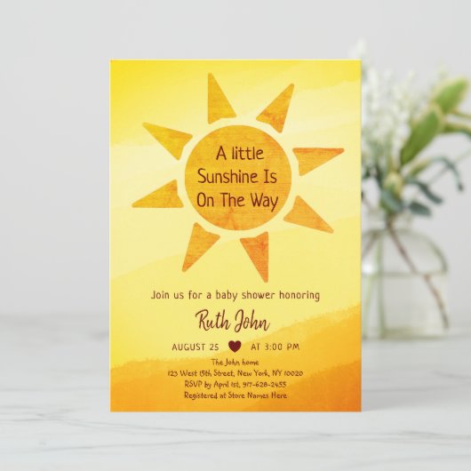 Little Gold Sunshine Modern Boho Baby Shower Invi Einladung (Stehend Vorderseite)