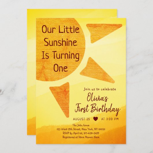 Little Gold Sunshine Modern Boho Birthday Einladung (Vorne/Hinten)