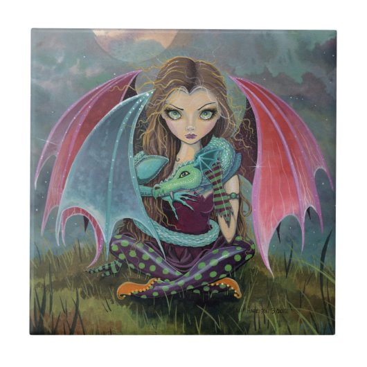 Little Gothic Fairy and Dragon Fantasy Art Tile Fliese (Vorderseite)