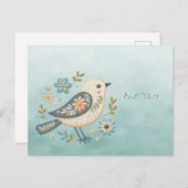 Little Green Bird Floral Postcard Postkarte (Vorne/Hinten)