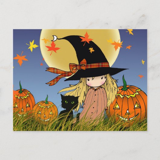 LIttle Halloween Hexe und Cat Postkarte (Vorderseite)