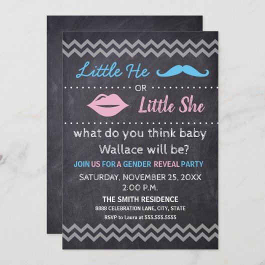 Little He Little She Lips Schnurrbart Gender-Enthü Einladung (Vorne/Hinten)
