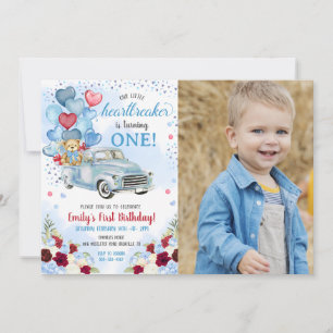 Little Heartbreaker Blue Truck Bear Birthday Foto Einladung