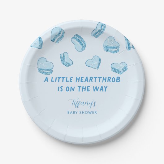 Little Heartthrob Blue Heart Macarons Baby Dusche Pappteller (Vorderseite)