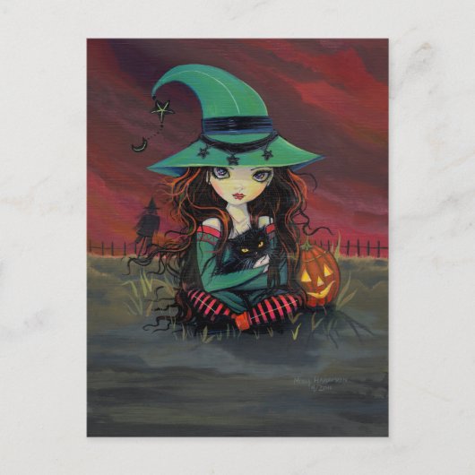 Little Hexe und Black Cat Halloween Postkarte (Vorderseite)