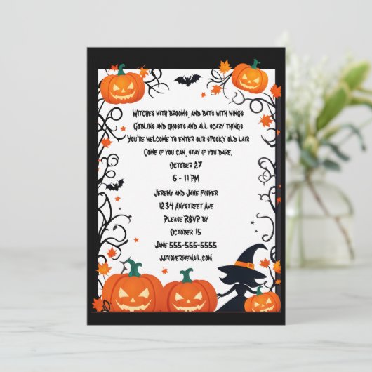 Little Hexe und Jack-o-Lanterns Halloween Einladung (Stehend Vorderseite)