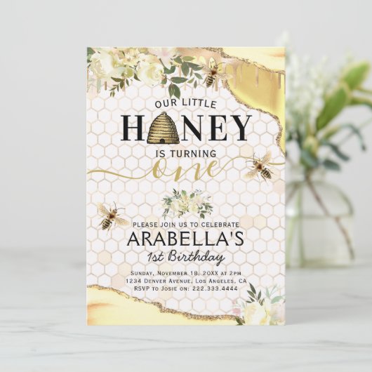 Little Honey Bee 1. Geburtstag Einladung (Stehend Vorderseite)