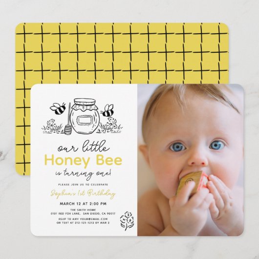 Little Honey Bee Photo Hand-drawn 1st Birthday Einladung (Vorne/Hinten)