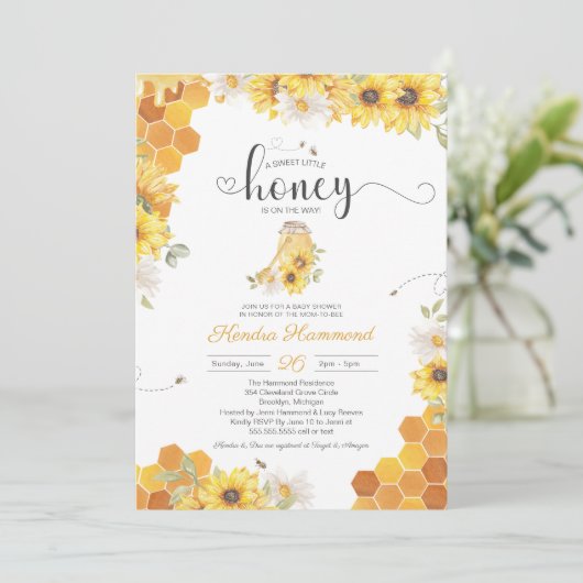 Little Honey Bumble Bee & Sunflower Baby Dusche Einladung (Stehend Vorderseite)