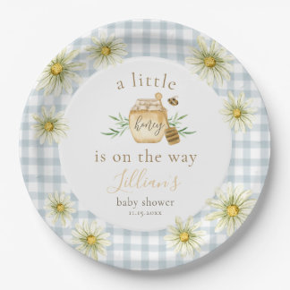 Little Honey On The Way Blue Gingham Baby Shower Pappteller