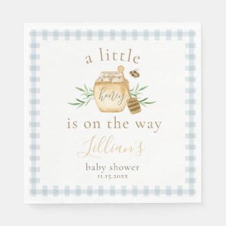 Little Honey On The Way Blue Gingham Baby Shower Serviette
