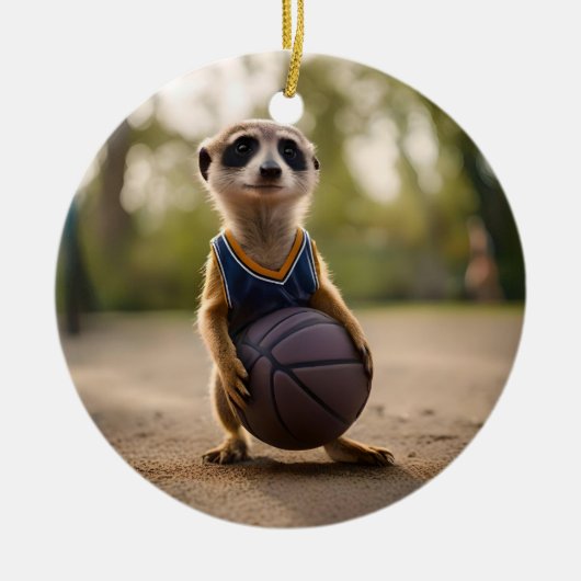 Little Hoop Star: Baby Meerkat Holding Basketball Keramik Ornament (Vorne)