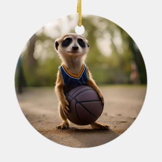 Little Hoop Star: Baby Meerkat Holding Basketball Keramik Ornament (Hinten)