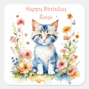 Little Kitten Girl's Birthday Party Personalisiert Quadratischer Aufkleber